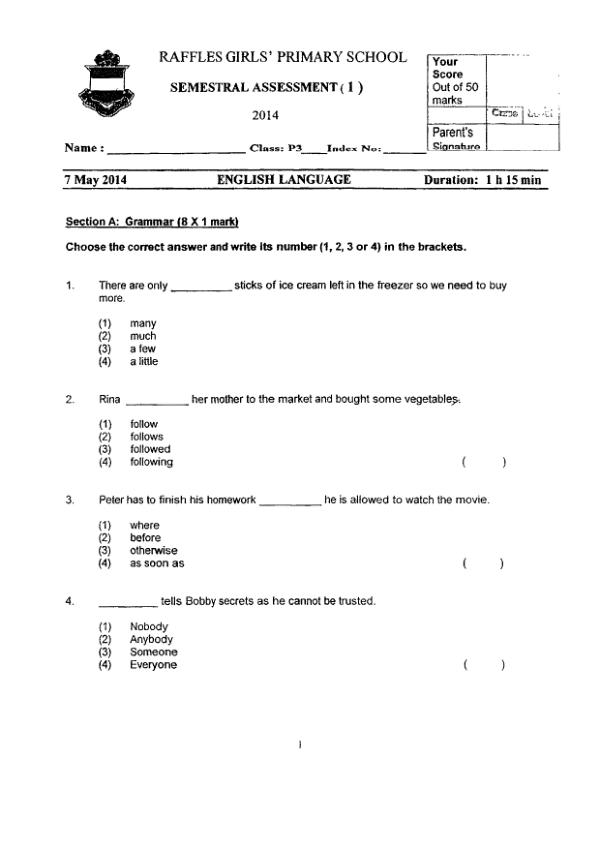 Raffles Girls P3 Eng WA2 2014 exam paper PDF first page preview