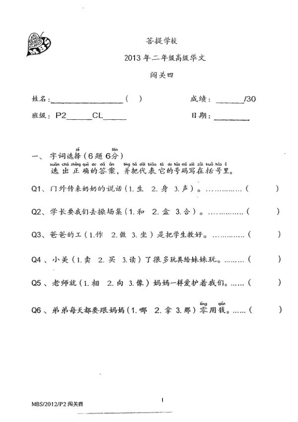Maha Bodhi P2 Chi SA2 2013 exam paper PDF first page preview