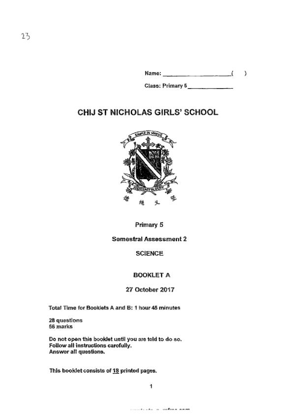 CHIJ P5 Sci SA2 2017 exam paper PDF first page preview