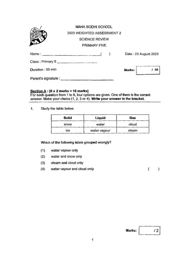 Maha Bodhi P5 Sci WA3 2023 exam paper PDF first page preview