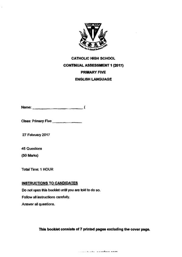 Catholic High P5 Eng WA1 2017 exam paper PDF preview