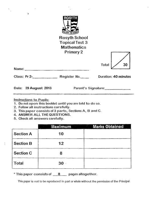 Rosyth P2 Math WA3 2013 exam paper PDF preview