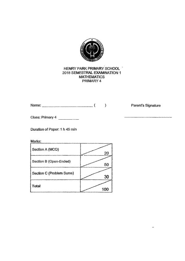 First page preview of P4 Math 2018 WA2 — Henry Park