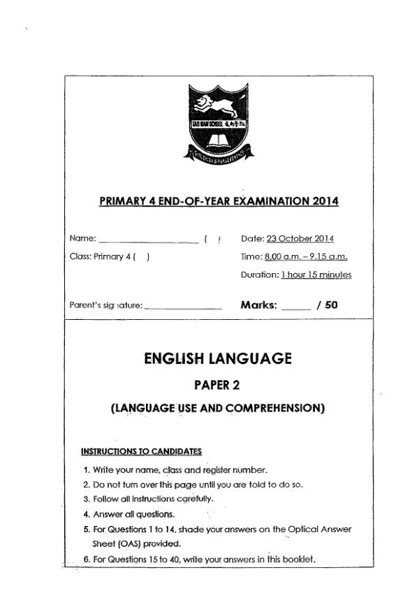Tao Nan P4 Eng SA2 2014 exam paper PDF first page preview