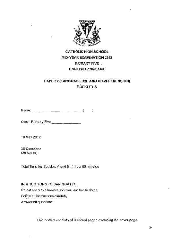 Catholic High P5 Eng WA2 2012 exam paper PDF preview