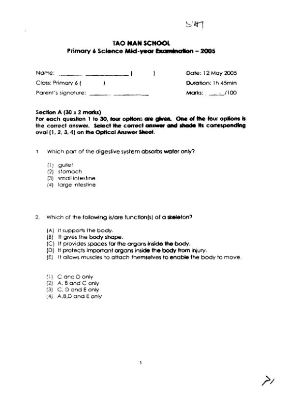 Tao Nan P6 Sci WA2 2005 exam paper PDF preview