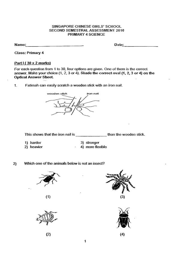 Singapore Chinese Girls P4 Sci SA2 2010 exam paper PDF first page preview