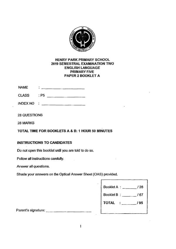Henry Park P5 Eng SA2 2019 exam paper PDF first page preview