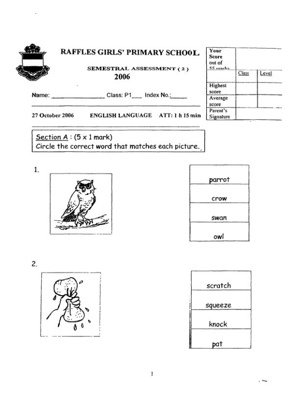 Raffles Girls P1 Eng SA2 2006 exam paper PDF first page preview