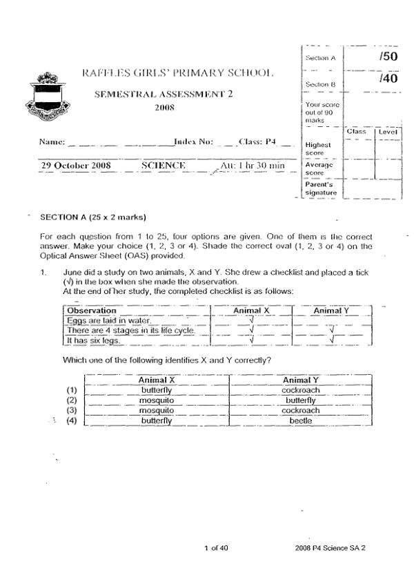 Raffles Girls P4 Sci SA2 2008 exam paper PDF preview