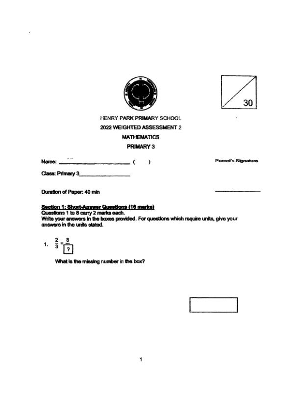 First page preview of P3 Math 2022 WA3 — Henry Park