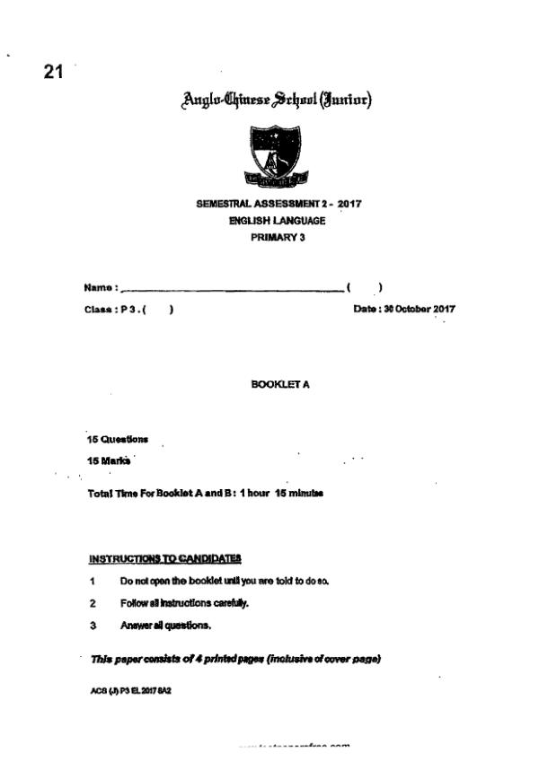 Anglo Chinese P3 Eng SA2 2017 exam paper PDF first page preview