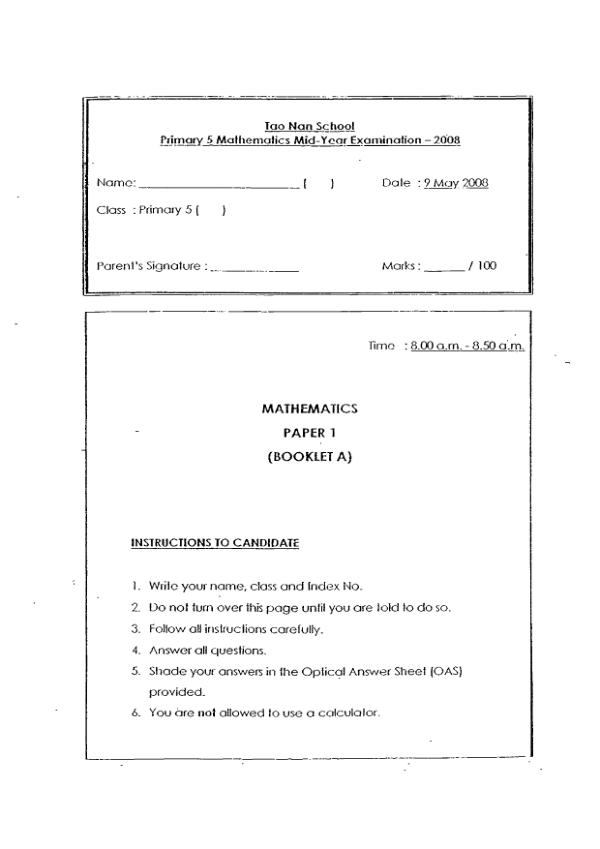 Tao Nan P5 Math WA2 2008 exam paper PDF preview