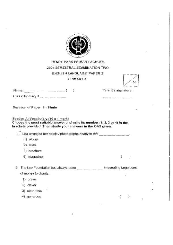 Henry Park P3 Eng SA2 2008 exam paper PDF preview