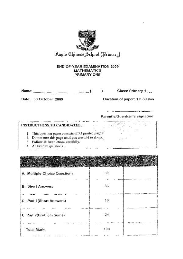 Anglo Chinese P1 Math SA2 2009 exam paper PDF preview