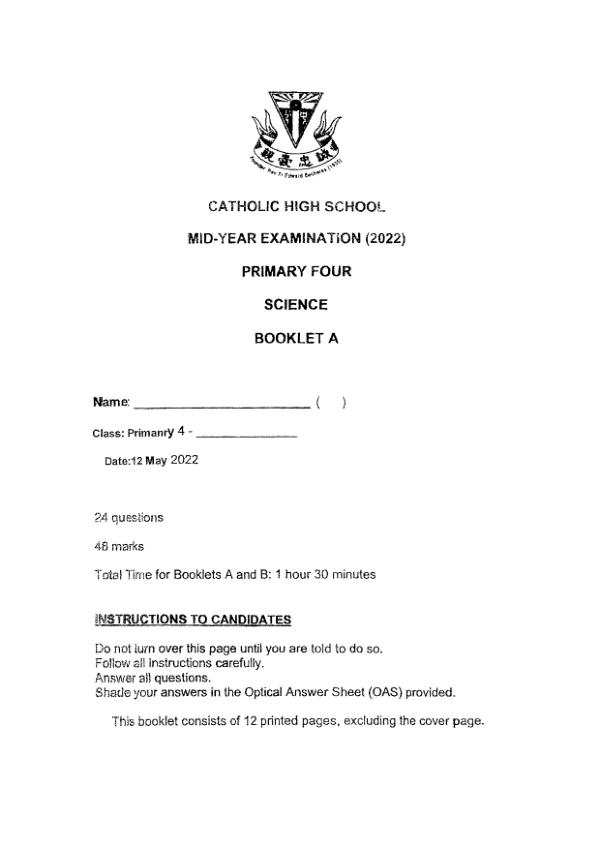 Catholic High P4 Sci WA2 2022 exam paper PDF first page preview