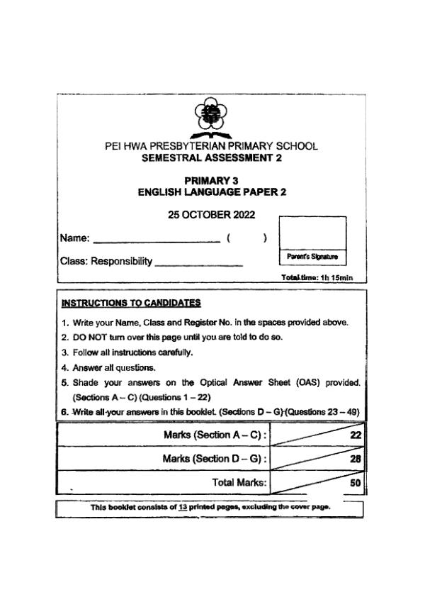 Pei Hwa P3 Eng SA2 2022 exam paper PDF preview
