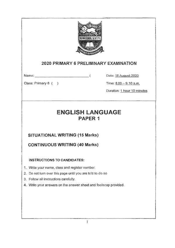 Tao Nan P6 Eng SA2 2020 exam paper PDF first page preview