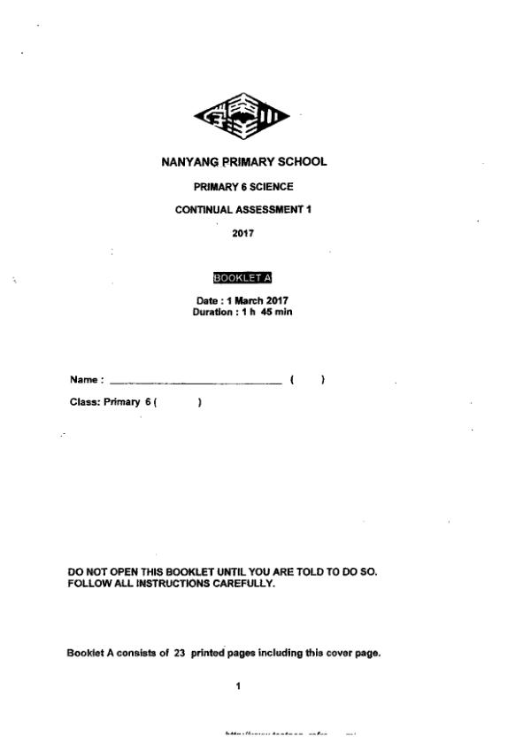 Nanyang P6 Sci WA1 2017 exam paper PDF preview