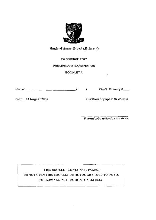 Anglo Chinese P6 Sci SA2 2007 exam paper PDF first page preview