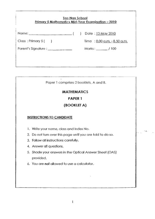 First page preview of P5 Math 2010 WA2 — Tao Nan
