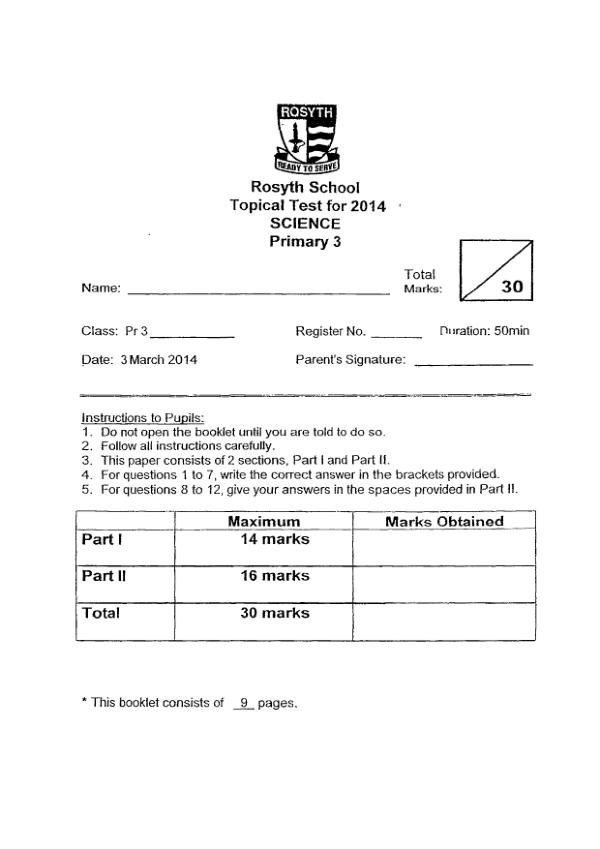 Rosyth P3 Sci WA1 2014 exam paper PDF preview