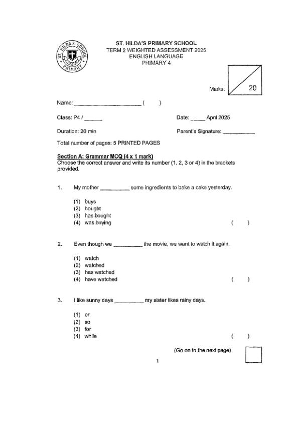 First page preview of P4 Eng 2025 WA2 — St Hildas