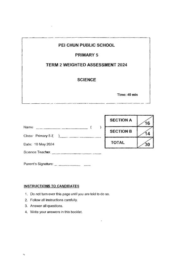 First page preview of P5 Sci 2024 WA2 — Pei Chun