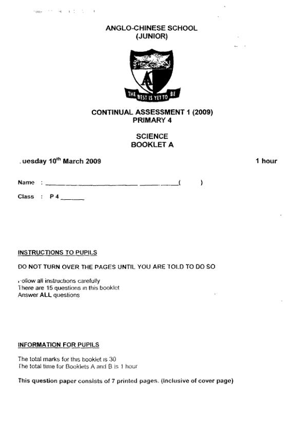 Anglo Chinese P4 Sci WA1 2009 exam paper PDF preview