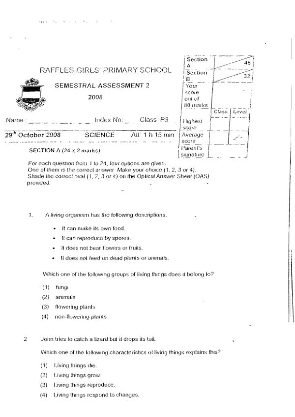 Raffles Girls P3 Sci SA2 2008 exam paper PDF first page preview