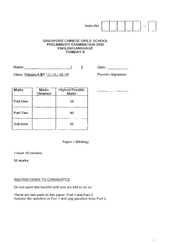 Singapore Chinese Girls P6 Eng SA2 2008 exam paper PDF first page preview