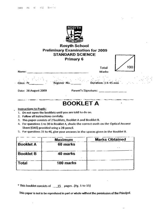 Rosyth P6 Sci SA2 2009 exam paper PDF first page preview