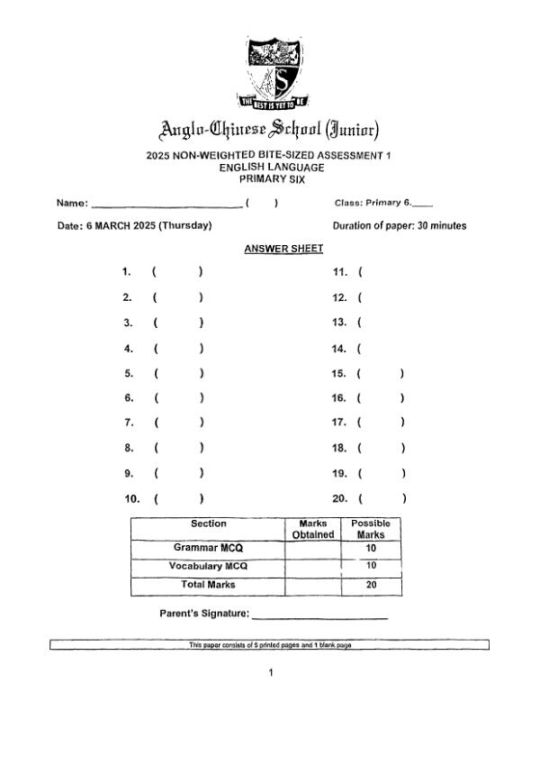 Anglo Chinese P6 Eng WA1 2025 exam paper PDF first page preview
