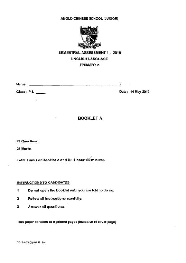 Anglo Chinese P5 Eng WA2 2019 exam paper PDF first page preview