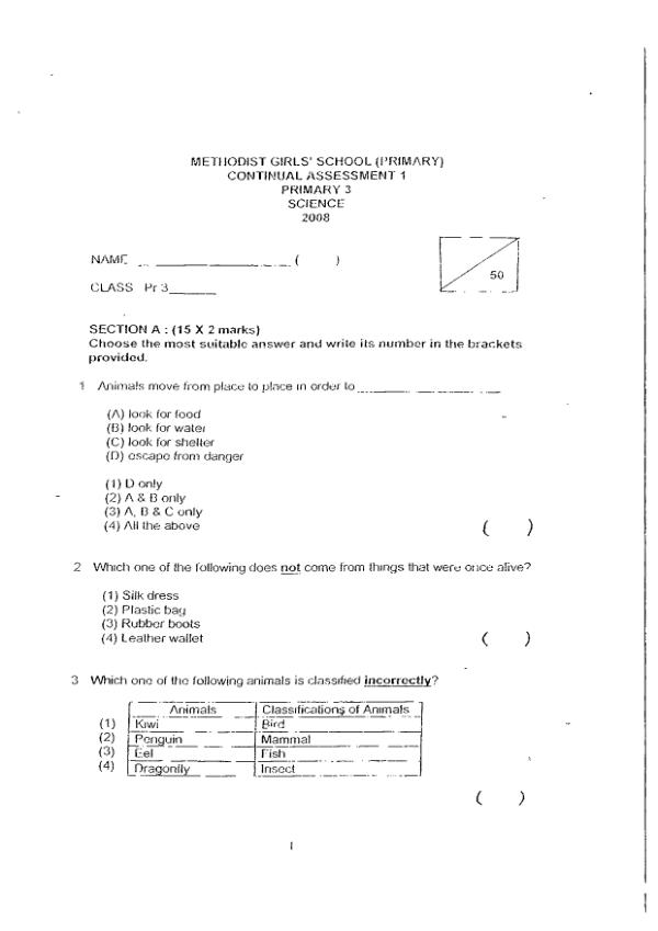Methodist Girls P3 Sci WA1 2008 exam paper PDF preview