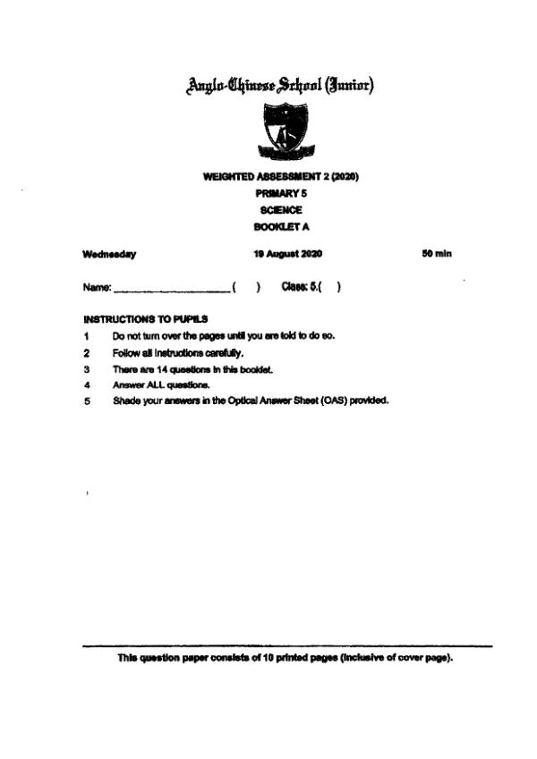 Anglo Chinese P5 Sci WA3 2020 exam paper PDF preview