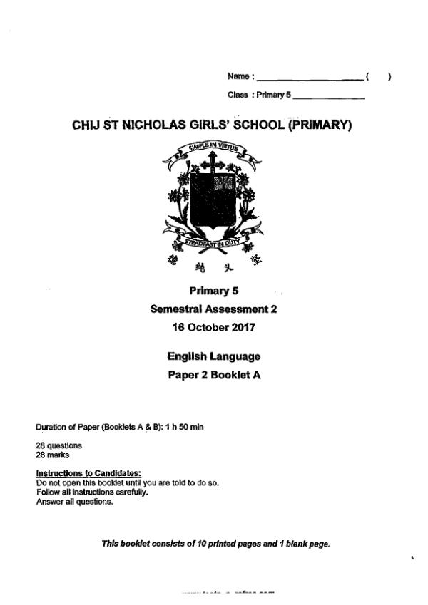 CHIJ P5 Eng SA2 2017 exam paper PDF first page preview