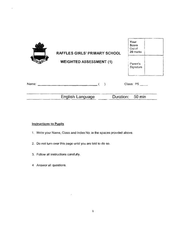 First page preview of P5 Eng 2024 WA1 — Raffles Girls