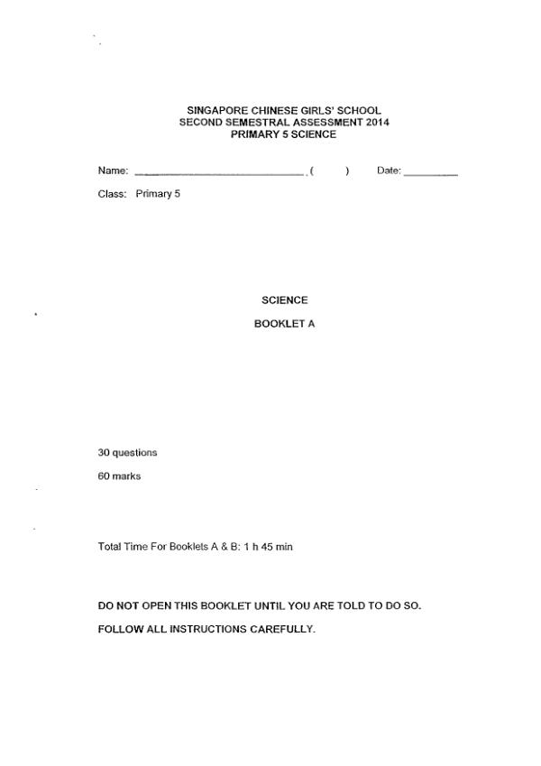 Singapore Chinese Girls P5 Sci SA2 2014 exam paper PDF preview