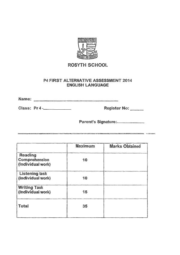 Rosyth P4 Eng WA1 2014 exam paper PDF preview