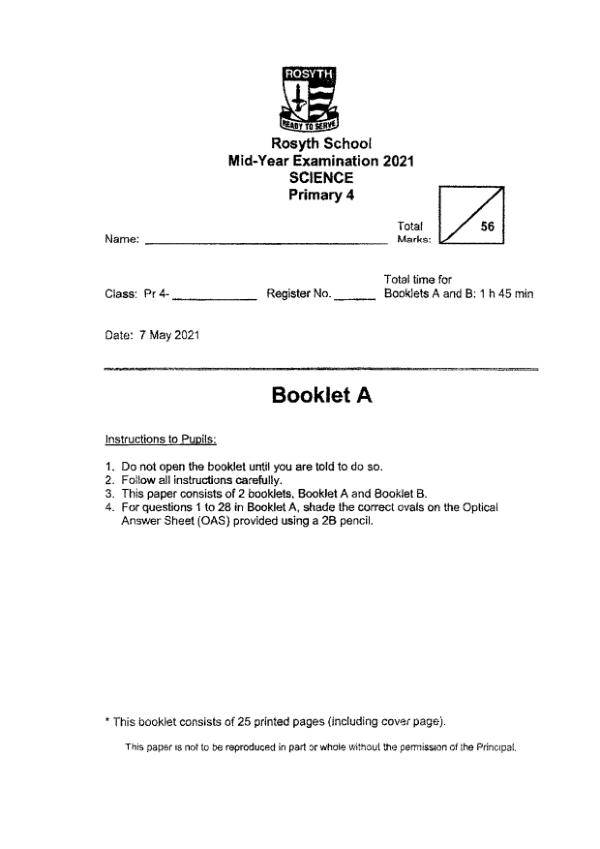 Rosyth P4 Sci WA2 2021 exam paper PDF first page preview