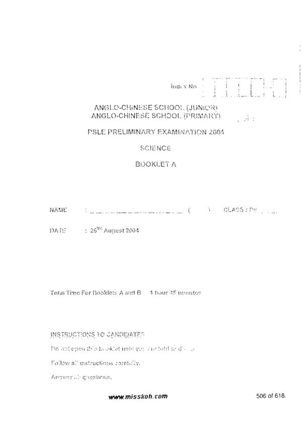 Anglo Chinese P6 Sci SA2 2004 exam paper PDF first page preview
