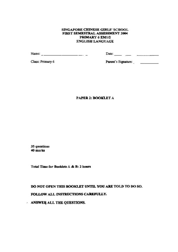 Singapore Chinese Girls P6 Eng WA2 2004 exam paper PDF first page preview