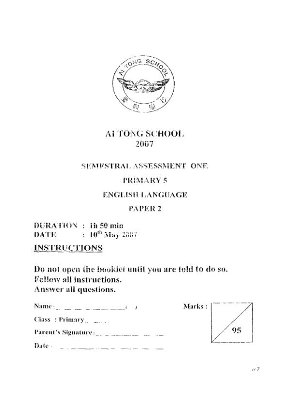 Ai Tong P5 Eng WA2 2007 exam paper PDF first page preview