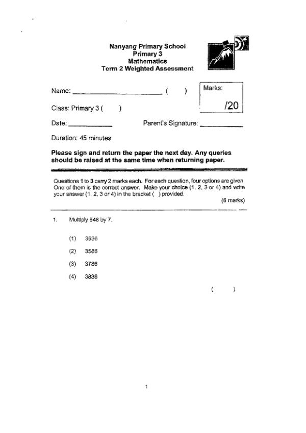First page preview of P3 Math 2021 WA2 — Nanyang