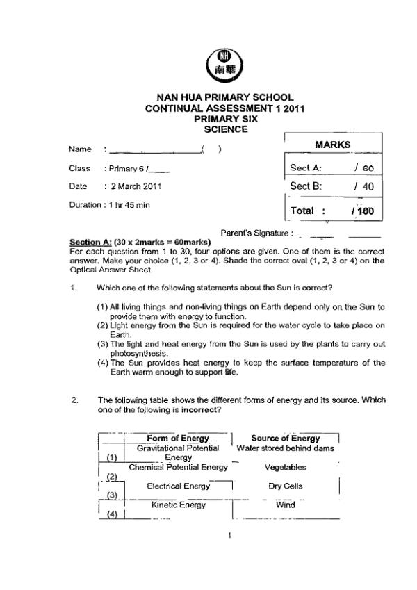 Nan Hua P6 Sci WA1 2011 exam paper PDF preview