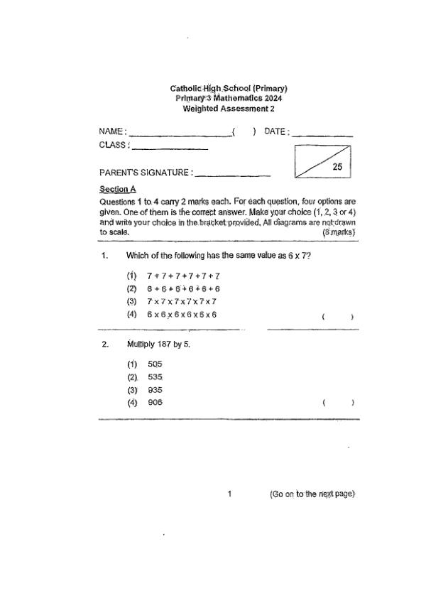 First page preview of P3 Math 2024 WA2 — Catholic High