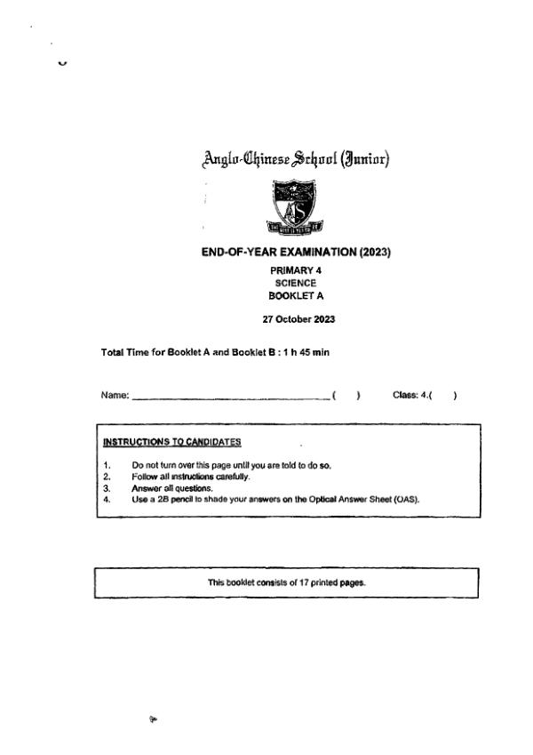 Anglo Chinese P4 Sci SA2 2023 exam paper PDF preview