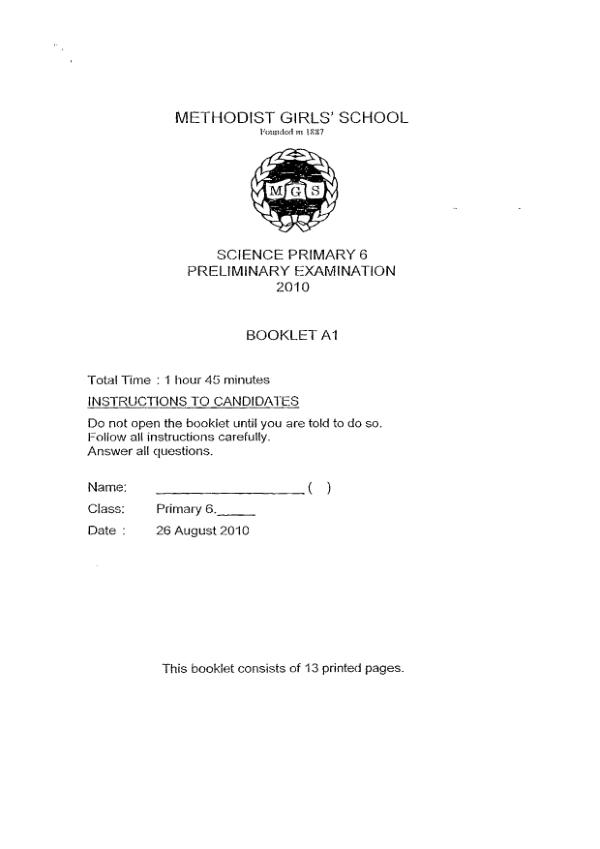 Methodist Girls P6 Sci SA2 2010 exam paper PDF first page preview