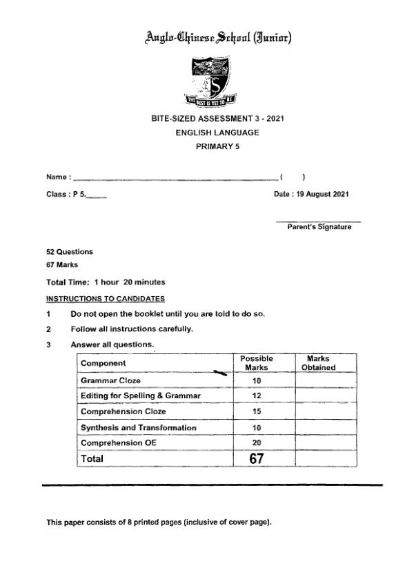 Anglo Chinese P5 Eng WA3 2021 exam paper PDF first page preview
